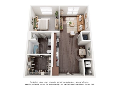 Floor plan for 1 bed, 1 bath, 645 sqft